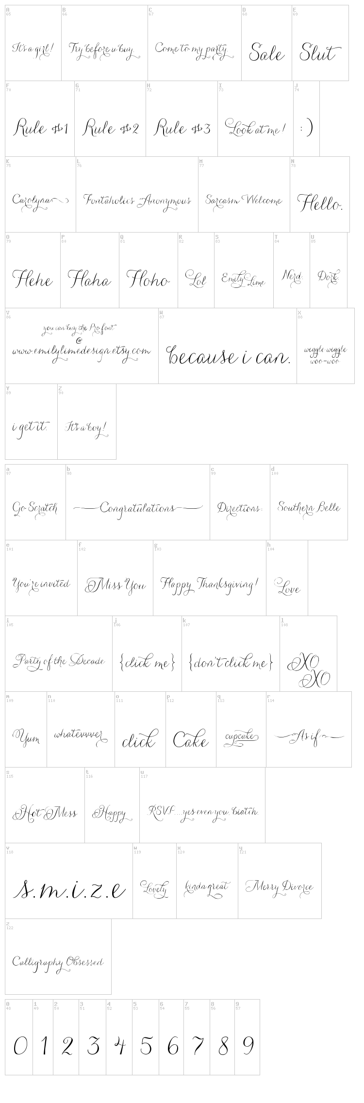 Carolyna Words font map